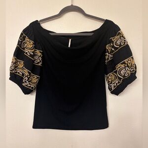 Free People Women’s Black ‘Rock with It’ off the Shoulder Embroidered Shirt XS